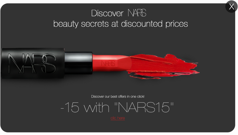 Bannière digitale NARS avec rouge à lèvres et code promotionnel